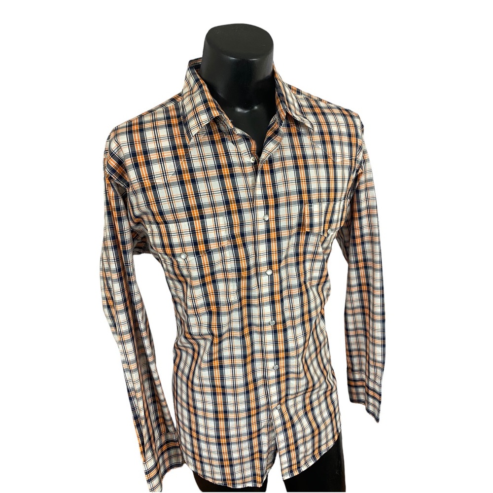 WRANGLER Wrancher Mens Western Button Down Shirt White Orange Pearl Snap XL